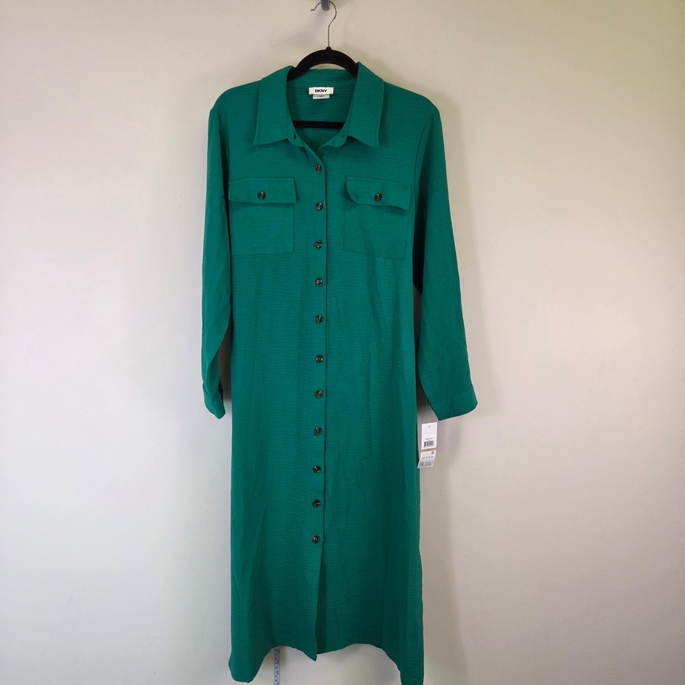 DKNY Emerald Green Textured Long Sleeve Button Down Midi Shirt Dress Size 12 NEW